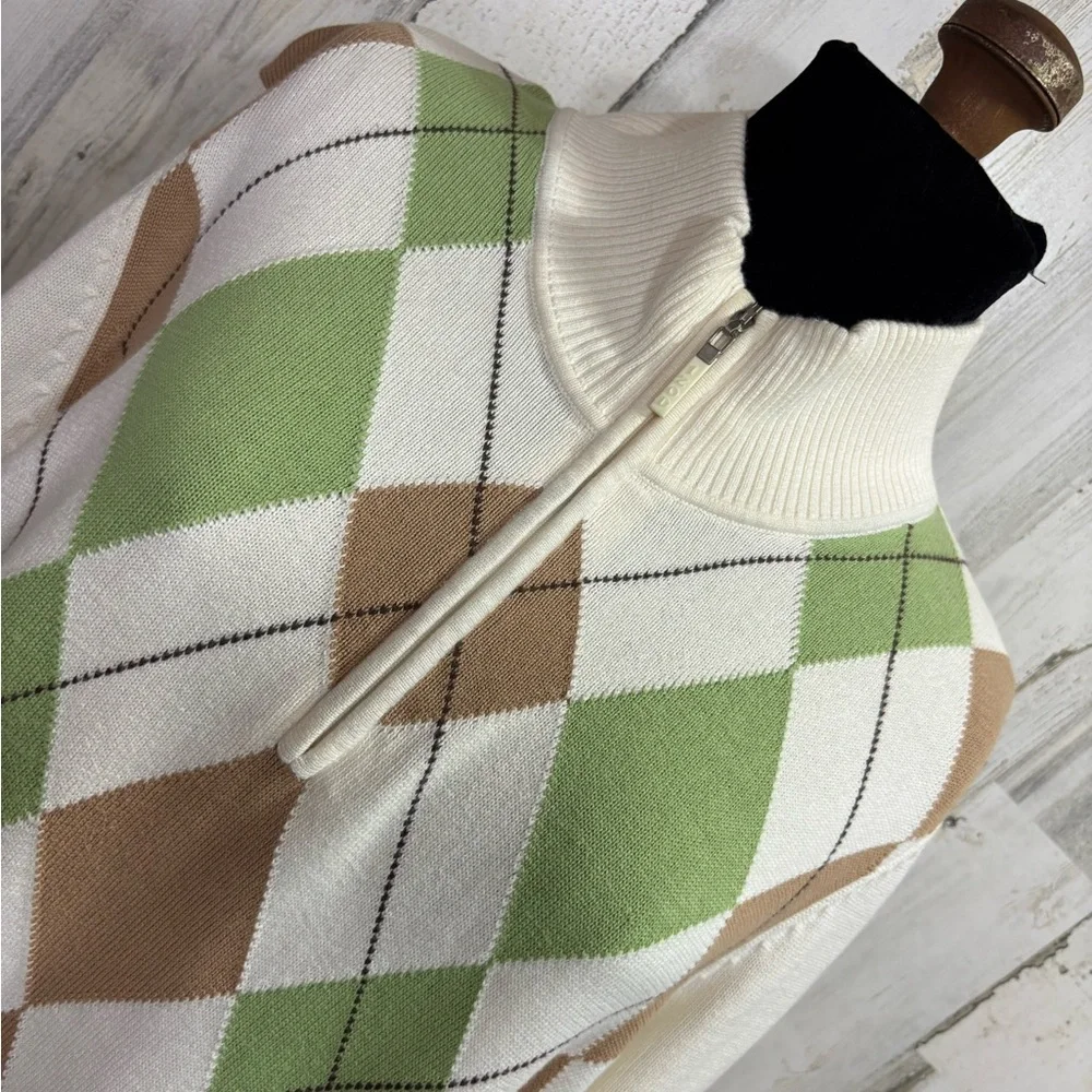 Izod Golf Green and Brown Zip‎ Up Sweater with Argyle Pattern
